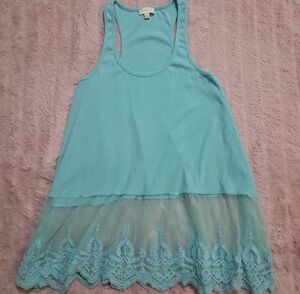 Umgee Teal Lace Hem Tank Top